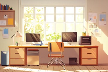 Bright Home Office Workspace with Desk  Computers  and Window View