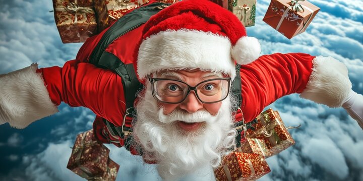 Santa Claus as a skydiver jumps to earth with a parachute and many gifts on his back