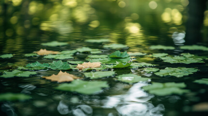 Green lily pads and autumn leaves floating on calm water in a serene nature setting