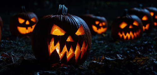 Spooky Halloween pumpkins with eerie faces glowing in the darkness of a fall evening