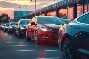 Car parked at outdoor parking lot. Used car for sale and rental service. Car insurance background. Automobile parking area. Car dealership and dealer agent concept. Automotive industry. Electric auto