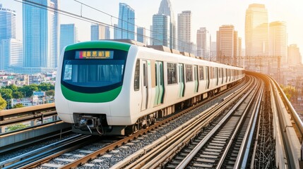 Naklejka premium Modern High-Speed Train Traveling Through Cityscape, Urban Transportation Technology Concept