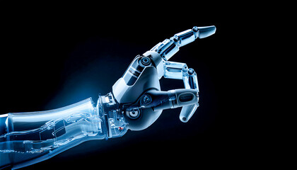 X-ray image of a humanoid robot arm on a black background with copy space for your text