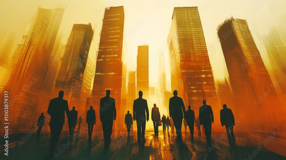 Aufkleber an inspiring image of a group of business professionals walking towards a cluster of skyscrapers, sy