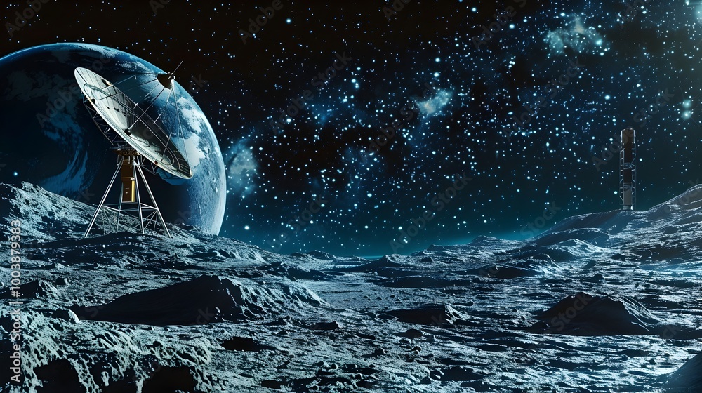 Wall mural satellite dish array on the moon facilitating interstellar communication with earth in the backgroun