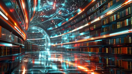 Fototapeta premium Futuristic Interstellar Library with Holographic Books and Alien Artifacts