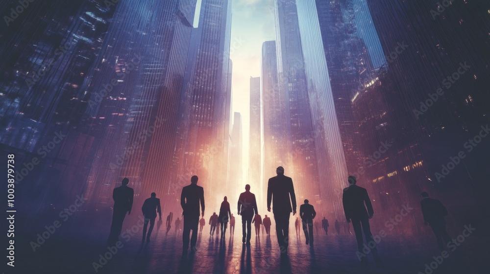 Aufkleber an inspiring image of a group of business professionals walking towards a cluster of skyscrapers, sy