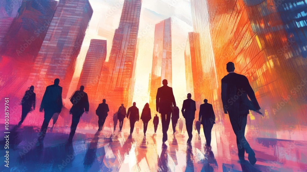 Aufkleber an inspiring image of a group of business professionals walking towards a cluster of skyscrapers, sy