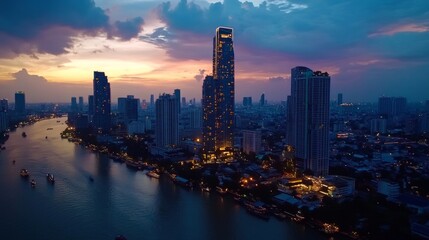 Fototapeta premium Skyline of modern Bangkok, Thailand. Majestic skyscrapers on the waterfront under the cloudy sky at twilight time.