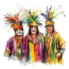 Obraz premium Watercolor Painting of Three People in Traditional Colorful Costumes.