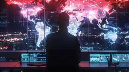 Obraz premium Cybersecurity Expert Monitoring Quantum Secured Data Streams in High Tech Control Room with Holographic Threat Maps