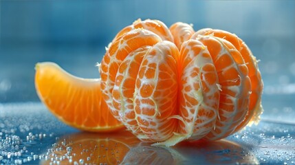 Fresh Peeled Orange and Juicy Slice with Water Droplets on Glass Surface