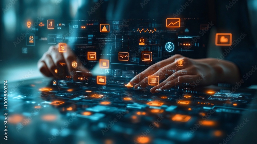 Aufkleber A person is typing on a computer screen with a lot of icons and buttons