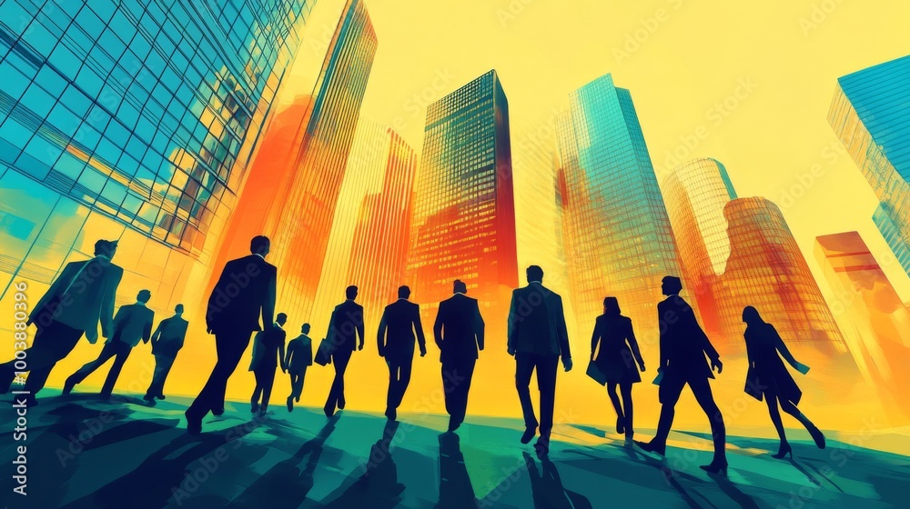 Aufkleber an inspiring image of a group of business professionals walking towards a cluster of skyscrapers, sy