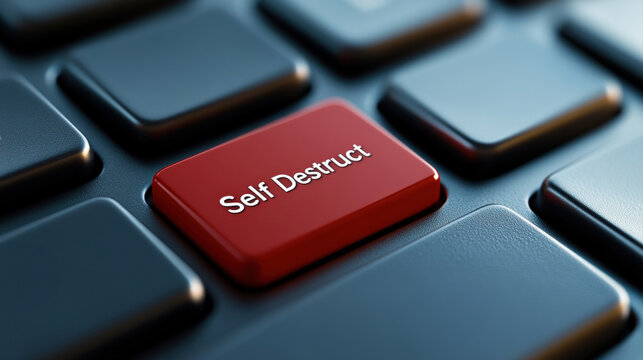 A close up of a red button on the keyboard that says self destruct, AI