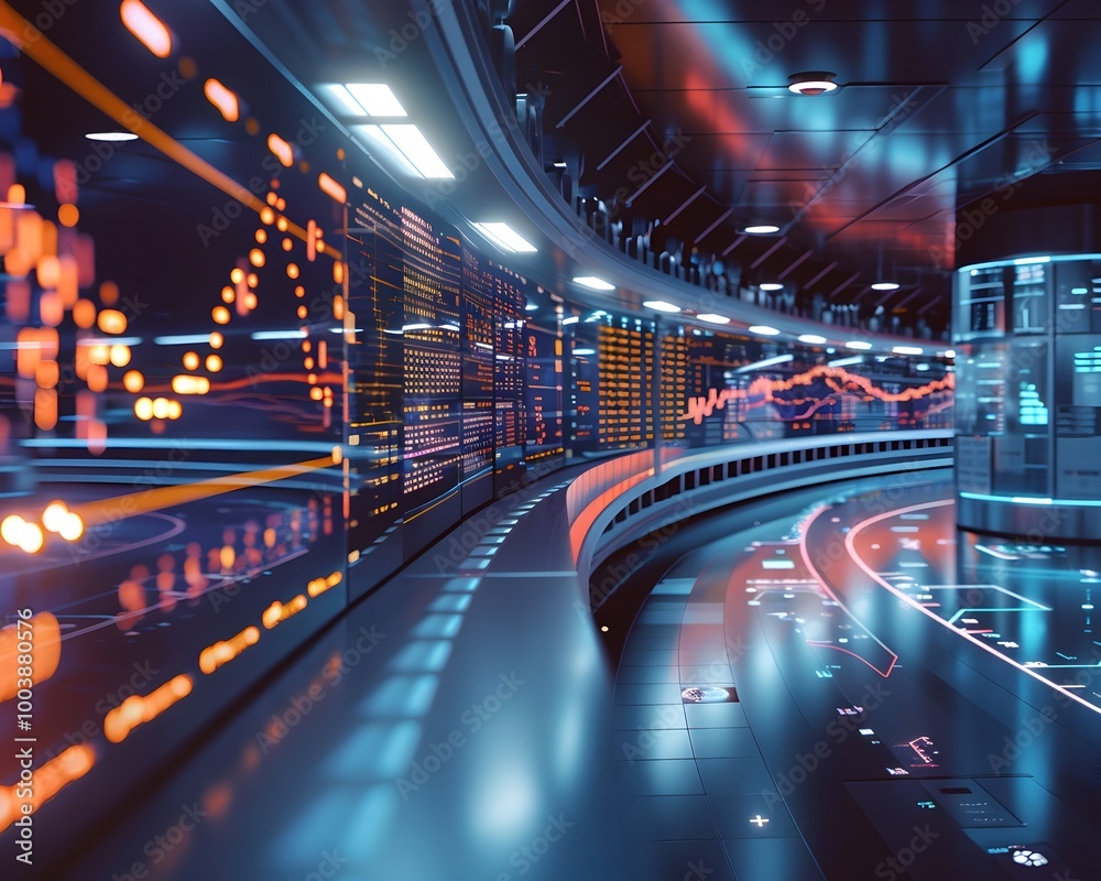 Poster futuristic exchange with quantum internet powering rapid trade execution and dynamic data displays