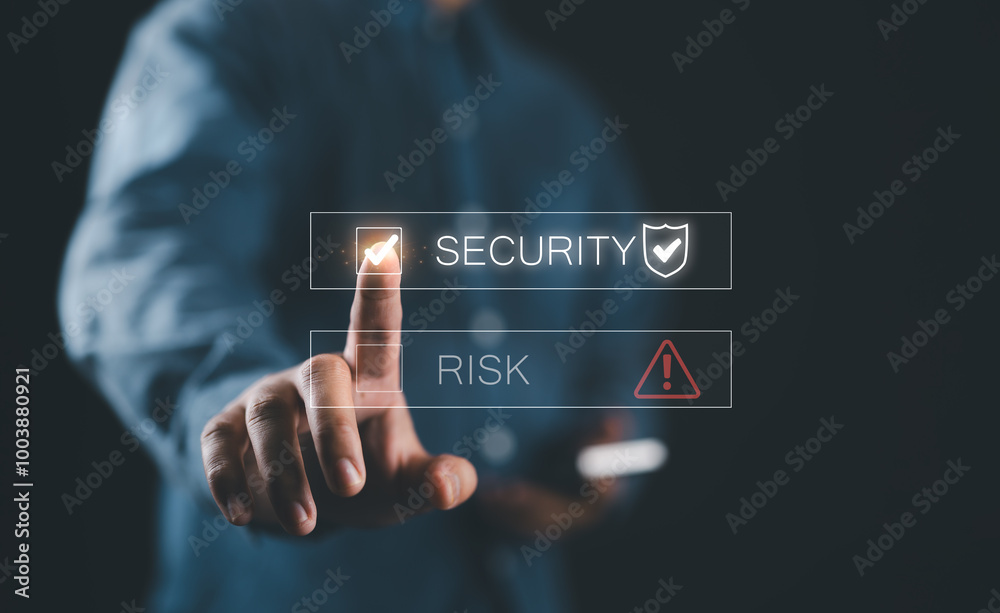 Poster Businessman hand touching to select check mark on virtual security icon monitor for cyber security and privacy in technology information data concept.