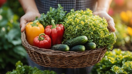 A wicker basket filled with fresh vegetables such as chili, cucumber and green lettuce is held by a person in a lush garden.