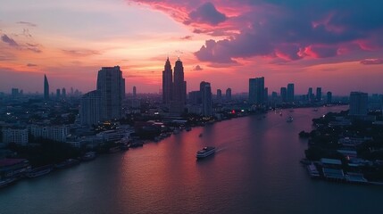 Skyline of modern Bangkok, Thailand. Majestic skyscrapers on the waterfront under the cloudy sky at twilight time.