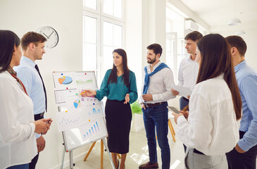 A woman in an office shows a group of business people graphs on a flipchart. Concept of collaboration and cooperation in the work environment. Startup presentation, financial indicators