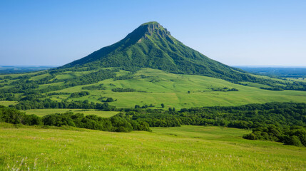 Fototapeta premium A lush green mountain rises majestically under a clear blue sky during the daytime