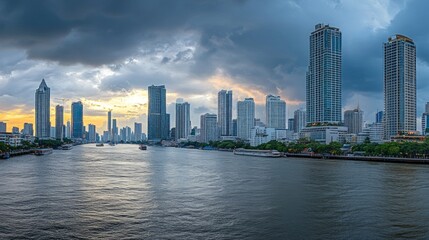 Obraz premium Skyline of modern Bangkok, Thailand. Majestic skyscrapers on the waterfront under the cloudy sky at twilight time.