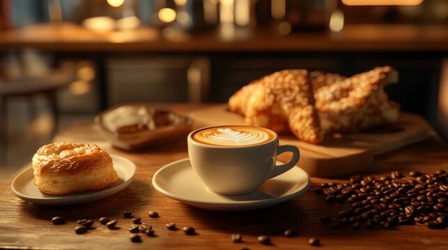 An inviting image of a cozy etting with a table featuring a cup of coffee, a small plate of pastries, and a backdrop of coffee beans, perfect for a relaxing afternoon.