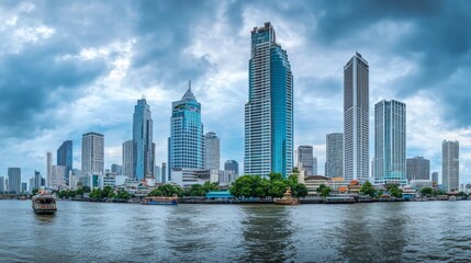 Obraz premium Skyline of modern Bangkok, Thailand. Majestic skyscrapers on the waterfront under the cloudy sky at twilight time.
