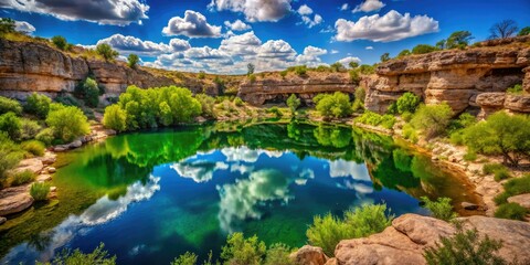 Fototapeta premium Montezuma Well, a breathtaking Arizona landscape, boasts lush greenery and remarkable geological features, offering a serene escape into nature's beauty and rich history.