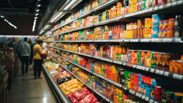 Grocery store aisle with bright produce neatly displayed. Clean, organized supermarket environment, perfect for retail or food shopping themes