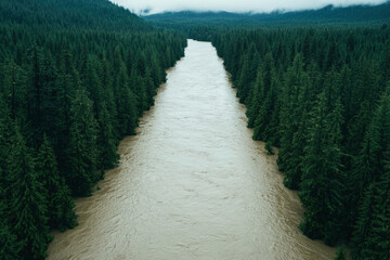 A wide, muddy river flows through a dense forest of towering evergreen trees. The swollen riverbanks overflow as mist settles over the distant horizon, creating a serene wilderness scene.