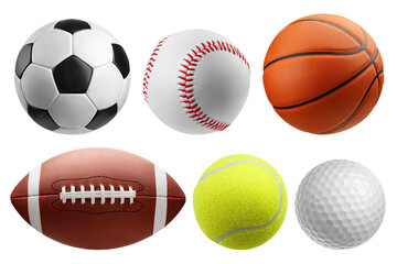 collage of Balls, soccer, football, baseball, basketball, rugby, tennis, golf, isolated on white background, full depth of field