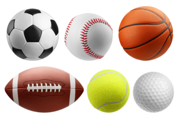 collage of Balls, soccer, football, baseball, basketball, rugby, tennis, golf, isolated on white background, full depth of field