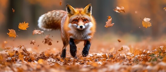 Naklejka premium Red fox running through fallen autumn leaves in a forest.