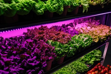 Obraz premium Fresh produce under LED lights. This image is perfect for showcasing the benefits of controlled environment agriculture.