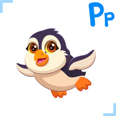Vector cartoon illustration of a penguin with letter 