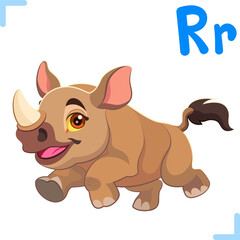 Vector cartoon illustration of A rhino with letter 