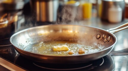An inviting shot of a hot skillet with melted butter and garlic sizzling, perfect for preparing delicious dishes, set against a bright kitchen backdrop.