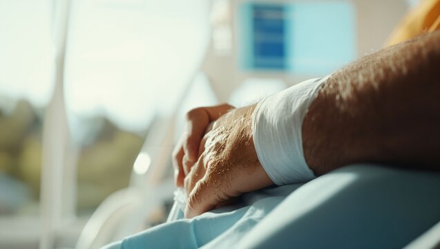 A moment of stillness in the hospital, showcasing a hand resting thoughtfully, symbolizing resilience and hope amidst the challenges of recovery and healing.
