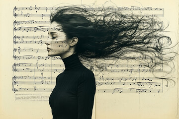 Abstract Fashion Collage: Woman with Swirling Music Notes in Minimalist Style. Non-existent person.