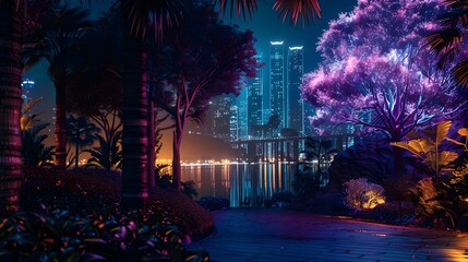 Obraz premium Bioluminescent City Park at Dusk Glowing Futuristic Landscape Concept