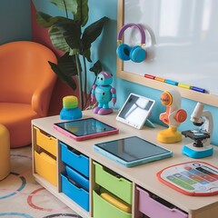 Show a playful and colorful study area filled with kid-friendly tech accessories, like educational tablets, fun headphones, and interactive learning toys.