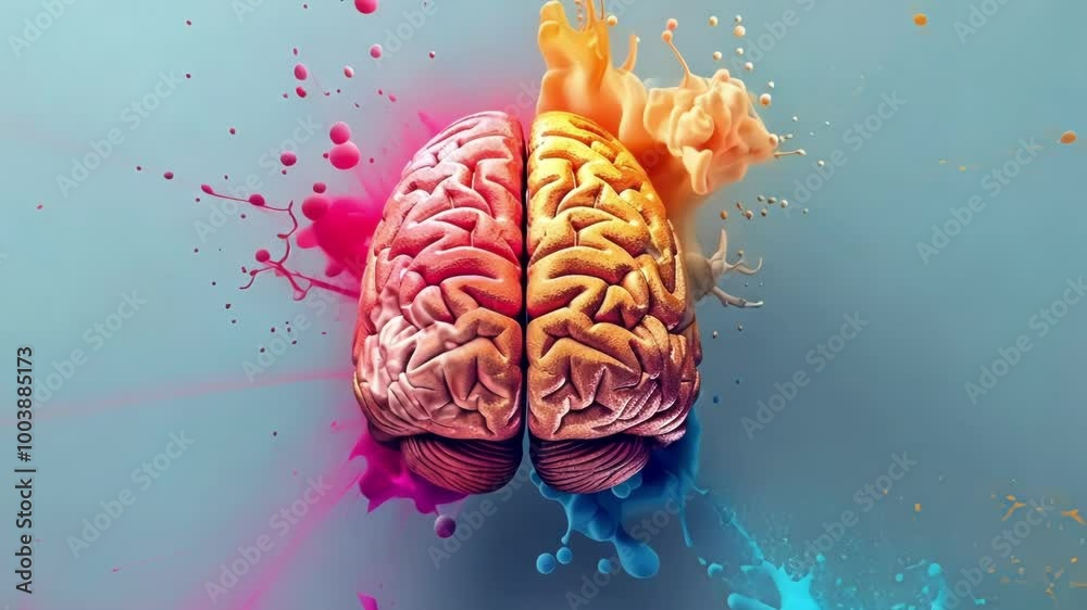 Poster human brain is shown with colorful paint exploding from it, representing concepts like artificial in