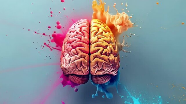 Human brain is shown with colorful paint exploding from it, representing concepts like artificial intelligence, big data, and neural enhancement