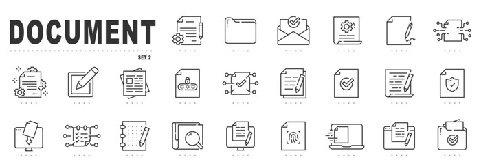 Set of document related line icons. Folder,  page, file, website etc. Editable stroke. Set 2