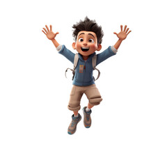 A joyful image of a young boy jumping with happiness, his arms wide open and a big laugh on his face, set against a clear background.