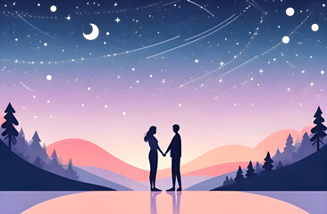 Fototapeta premium a romantic moment as a couple holding hands, sharing a quiet moment under a starry sky