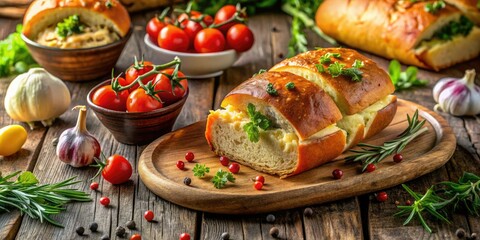 Traditional English cheese roll accompanied by fresh ingredients and garnishes, beautifully presented on a rustic table setting, perfect for a delightful dining experience.