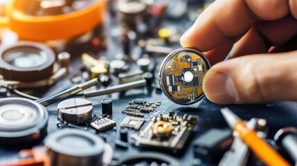 Naklejka premium Professional Teardown of Smartwatch: Watchmaker Examines Tiny Components
