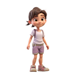 A delightful 3D animation character of a cute little girl with big eyes and a bright smile, set against a clear background that emphasizes her playful charm and innocence.